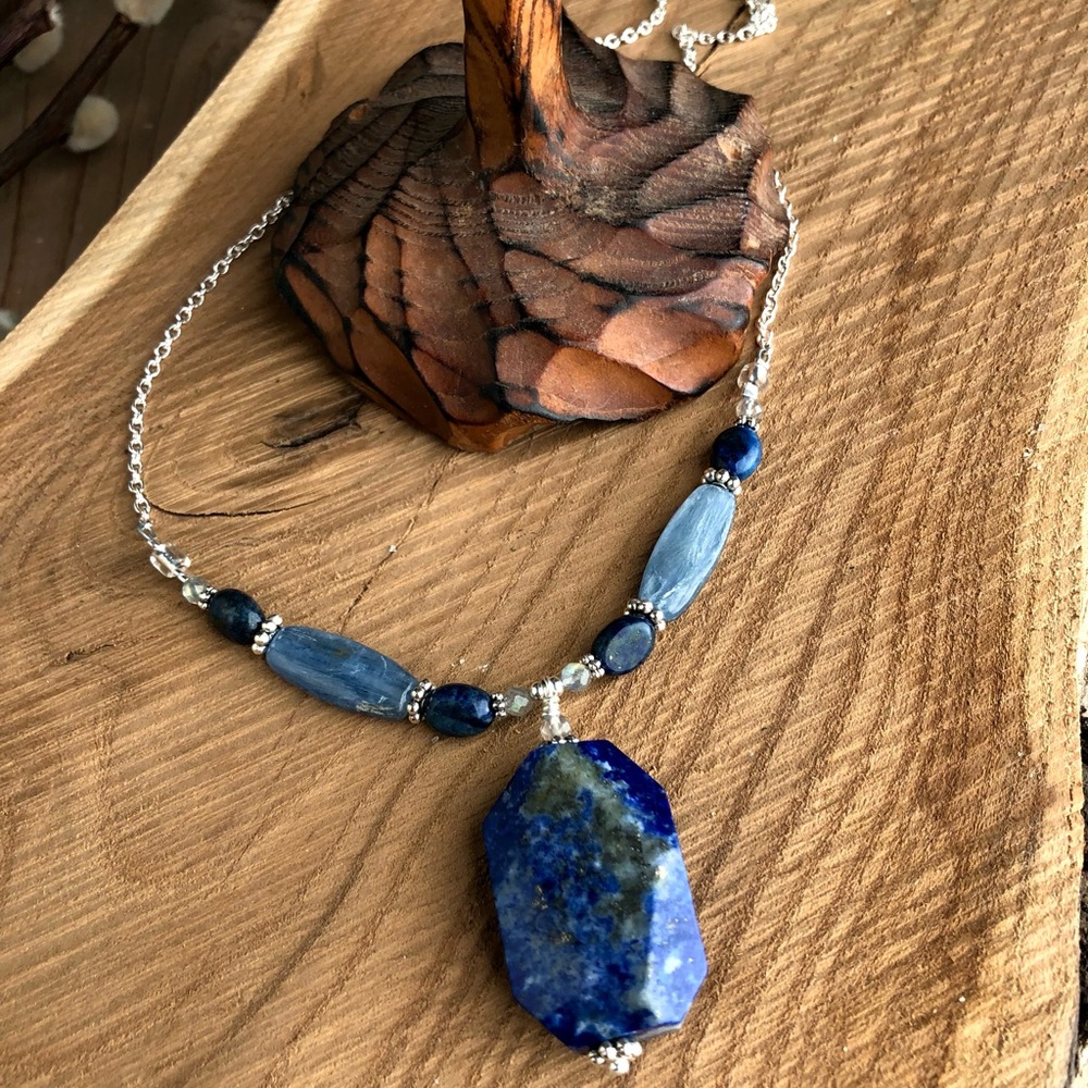 Blue Lapis, Kayanite, and Silver Gemstone Necklace Handmade 26” Pendant Necklace